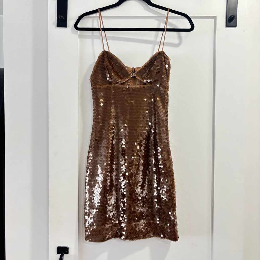 NWT Susana Monaco Sheer Sequin String Cut Out Dress Caramel Size XS/Small - Picture 3 of 7